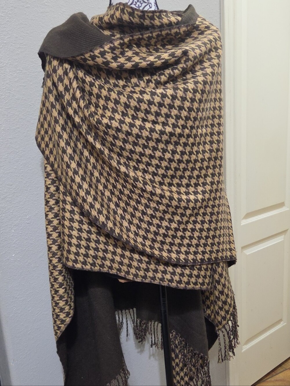 Houndstooth Ruana Wrap in Camel and Dark Brown